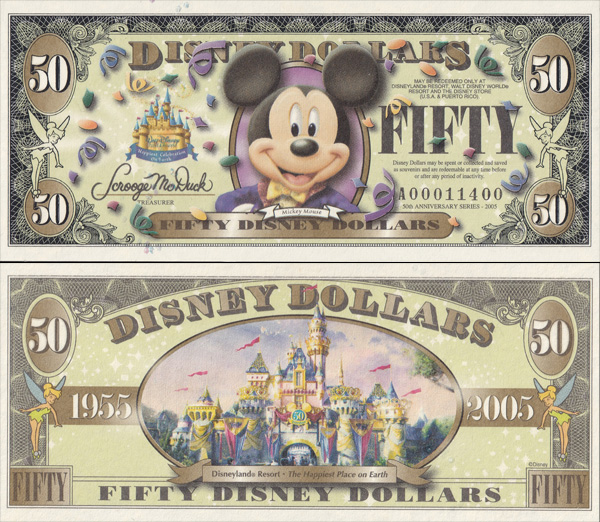 ディズニーランド50周年 $5紙幣