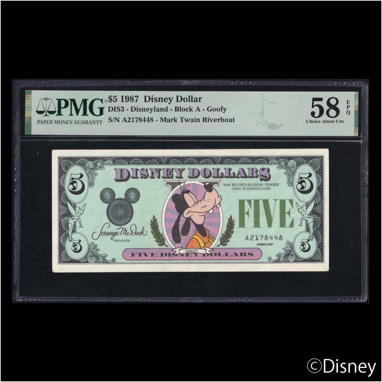 1987 $5 Goofy DIS3 PMG 58EPQ