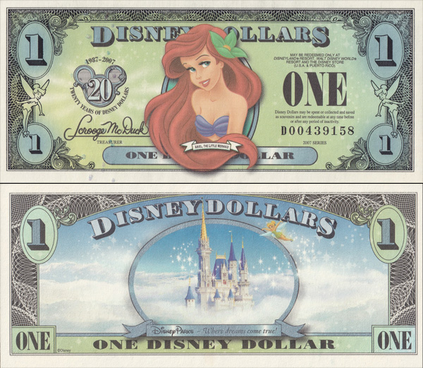 ディズニープリンセス 2007年 $1紙幣 アリエル