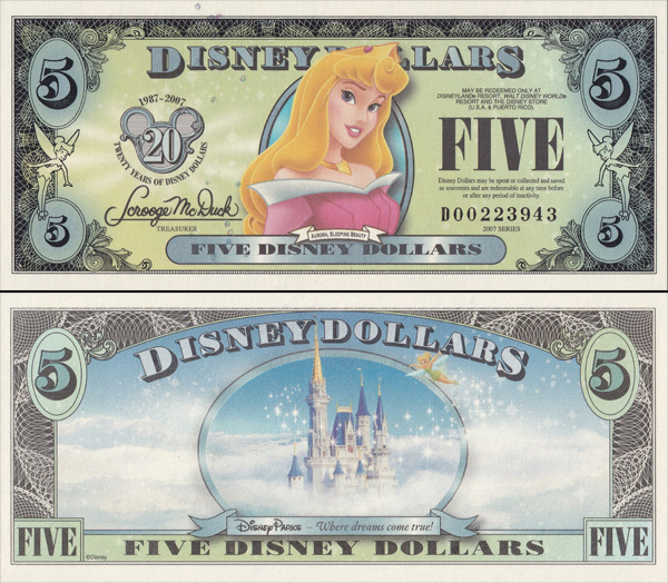 ディズニープリンセス 2007年 $5紙幣 オーロラ姫